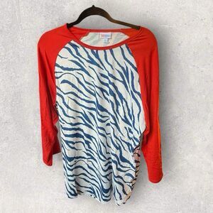 Lularoe Women's Randy Baseball Raglan Red With Blue Zebra Size 2XL-NWT